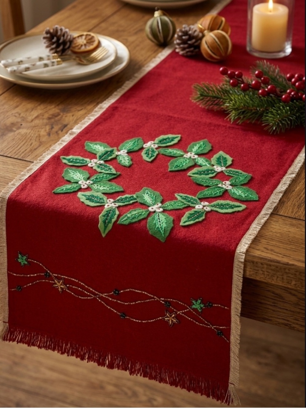 Christmas Wreath Table Runner Embroidered Red Table Runner NW